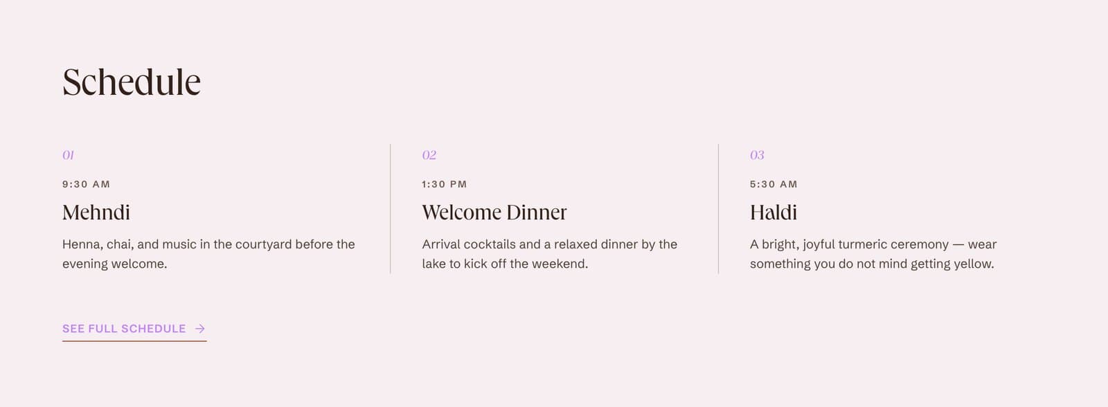 The multi-day schedule fold of a real Festi wedding microsite